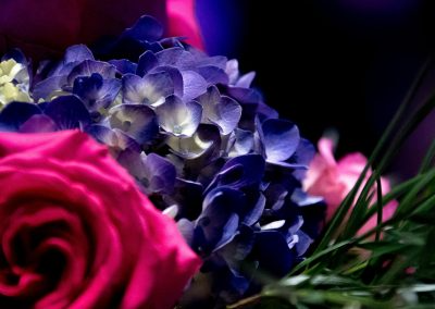 Small purple flowers and a pink rose