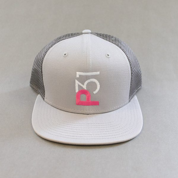 Gray flat bill hat with P31 logo