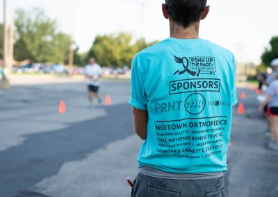 The back of a man's blue t-shirt