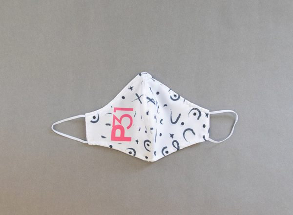 Black and white patterned mask with pink P31 logo