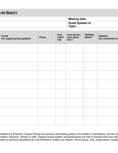 Sign-in sheet for support group meetings