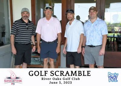 Four white men of varying ages at the entrance of the River Oaks Golf Club.