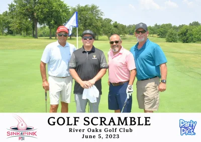 4 men wearing sunglasses and playing golf